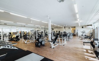 BUDGET Fitness Birrhard: Lichtdurchflutete Trainingshalle mit Kraftmaschinen, Power Rack, Kabelzügen, Ausdauergeräten, Kurzhanteln. 