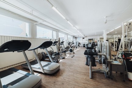 BUDGET Fitness Birrhard: Lichtdurchflutete Trainingshalle mit Ausdauergeräten, Kraftmaschinen, Kabelzügen, Kurzhanteln.