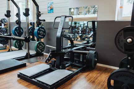 BUDGET Fitness Frick: Power Rack von Eleico und Belt-Squat Maschine in lichtdurchfluteter Trainingshalle.